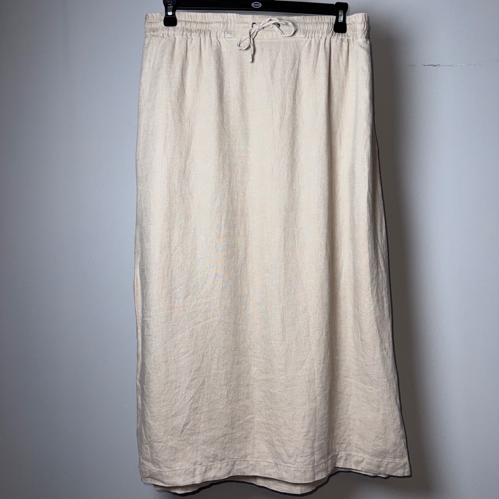 TravelSmith Linen Maxi Skirt Beige Drawstring Waist Button Side Slit Large
